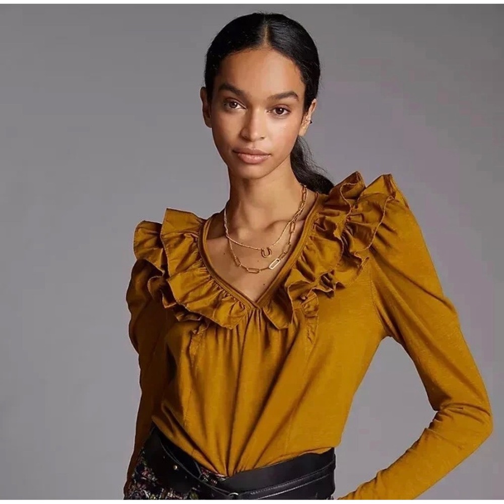 Anthropologie Mustard Yellow Ruffle V Neck Long Sleeve Top Size Medium